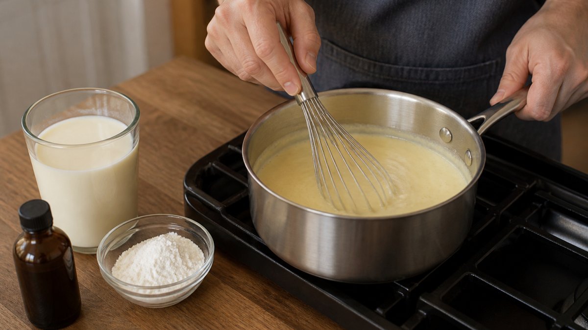Hands whisking ingredients in a saucepan to prepare allergen-friendly custard on a wooden kitchen counter