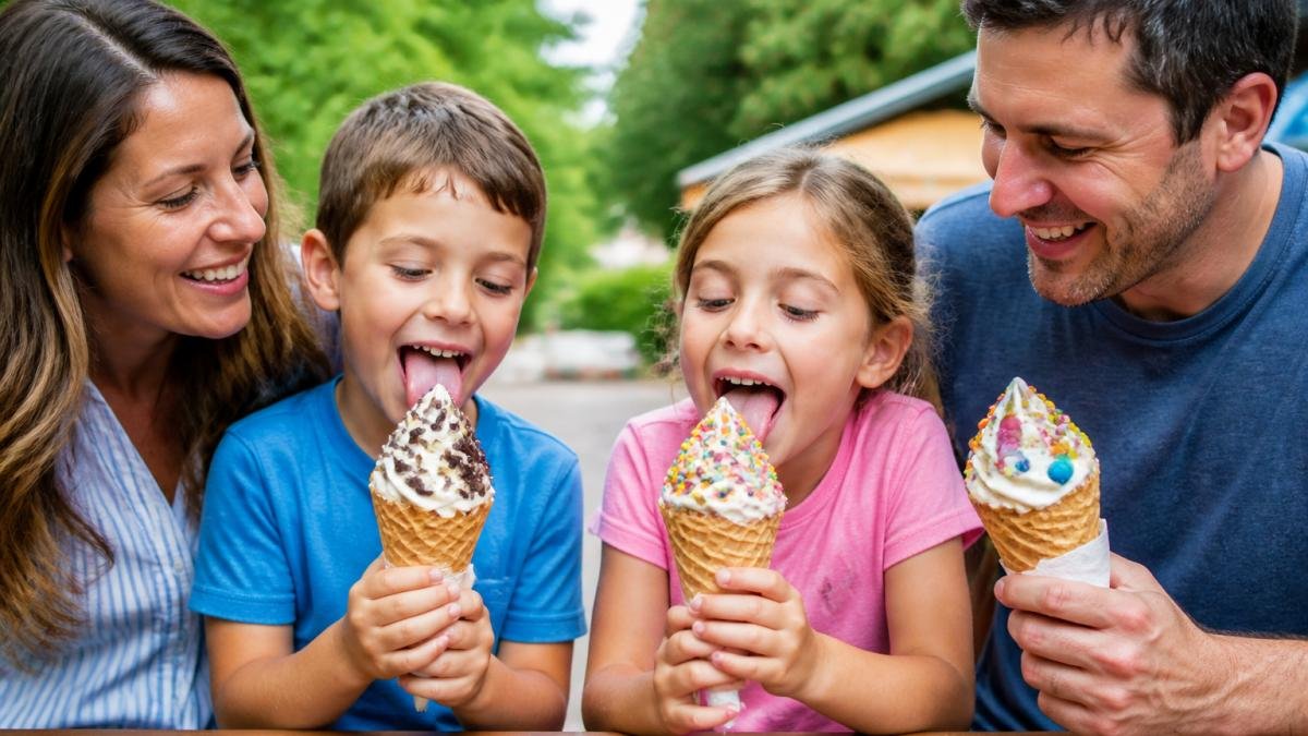 Smiling children and parents eating frozen custard with colorful toppings as the best dessert for family outings
