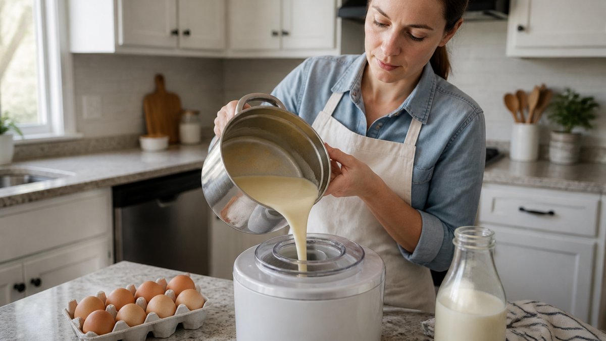 A home cook in a bright kitchen pouring pale yellow custard base from a stainless steel pot into an ice cream maker, carton of eggs and a glass bottle of cream on the counter beside her