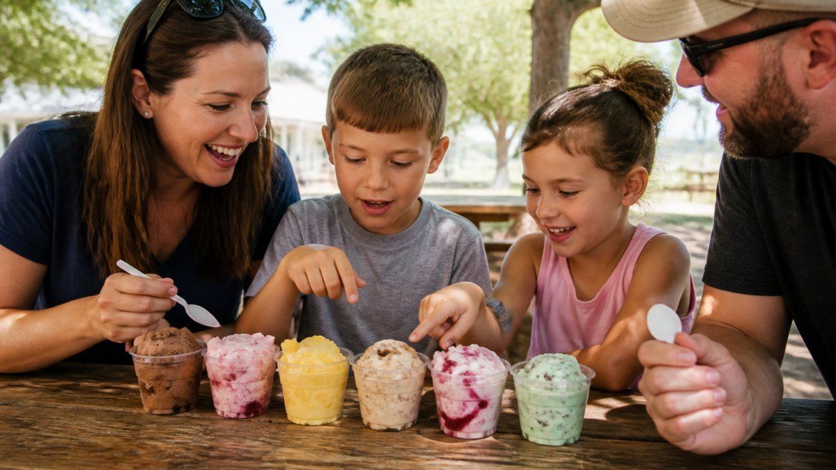 Family of three enjoying colorful custard cups together at an outdoor picnic table, with kids smiling and pointing at different flavors in bright afternoon sunlight